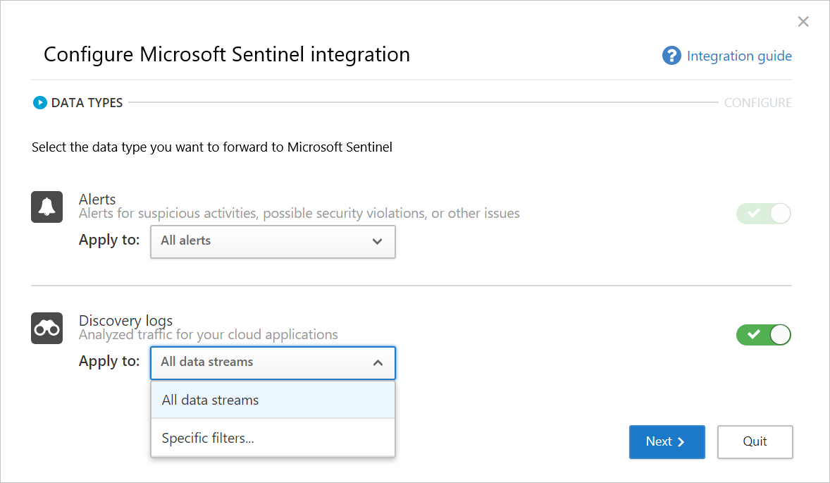 Screenshot der Startseite von Configure Microsoft Sentinel integration