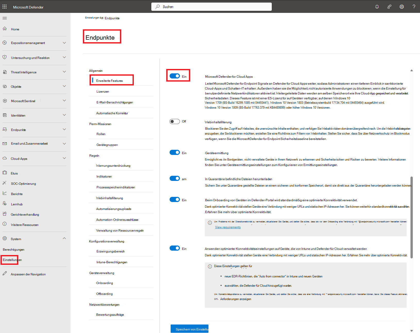 Screenshot der Defender für Endpunkt-Einstellungen.