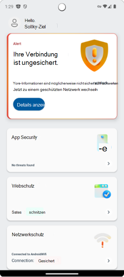 Screenshot: Dashboard des Benutzers in der Microsoft Defender-App