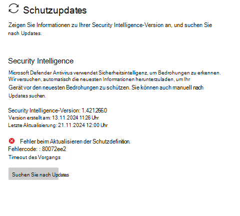 Screenshot: Fehler beim Update der Schutzdefinition.