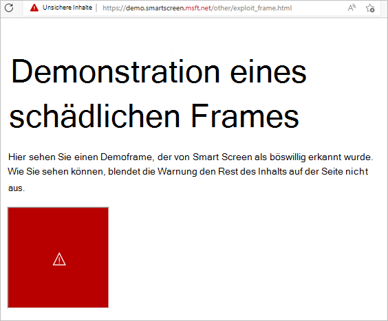 Eine Demonstration, wie SmartScreen auf einen Frame auf einer Seite reagiert, die als bösartig erkannt wird. Nur der böswillige Frame wird blockiert.