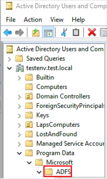 Screenshot eines Containers für Active Directory-Verbunddienste (AD FS).