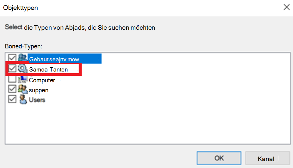 Screenshot oof selecting service accounts as object types.