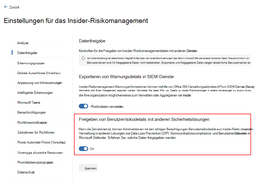 Hervorheben der Einstellung im Microsoft Purview-Portal, die erforderlich ist, damit Insider-Risikowarnungen in Defender XDR angezeigt werden.