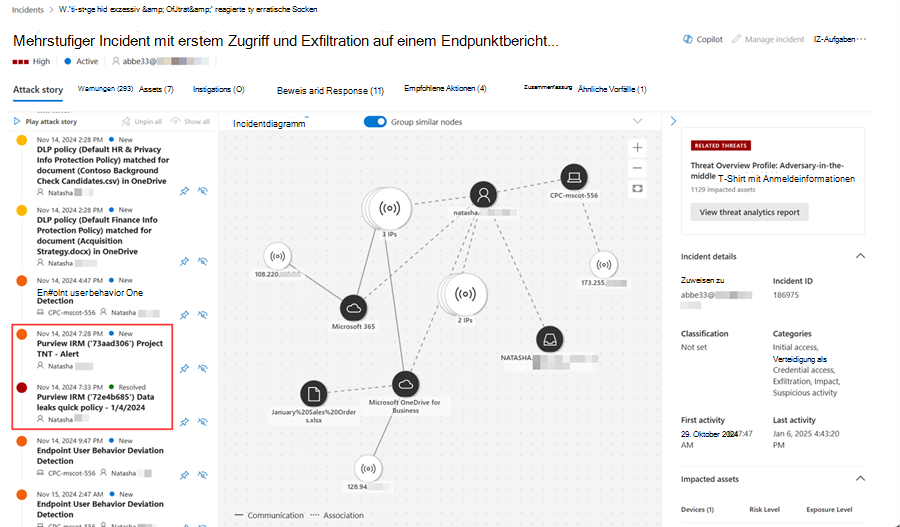 Beispiel eines Incidents mit Insider-Risikowarnungen von Microsoft Purview Insider Risk Management.