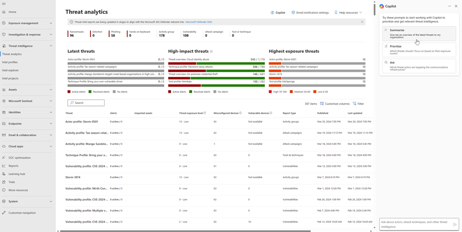 Screenshot des Copilot-Bereichs in Threat Intelligence in Defender XDR.