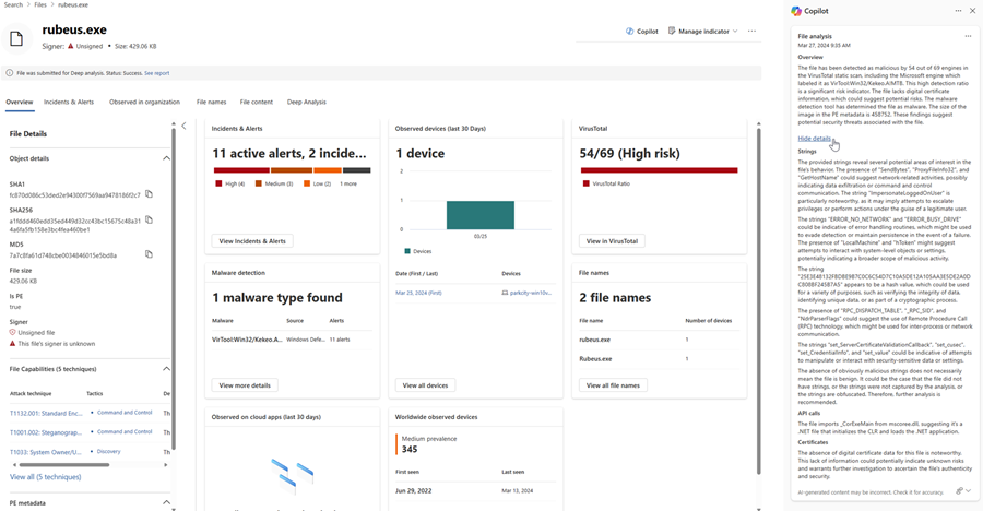 Screenshot der Ergebnisse der Dateianalyse in Copilot in Defender mit hervorgehobener Option „Details ausblenden“.