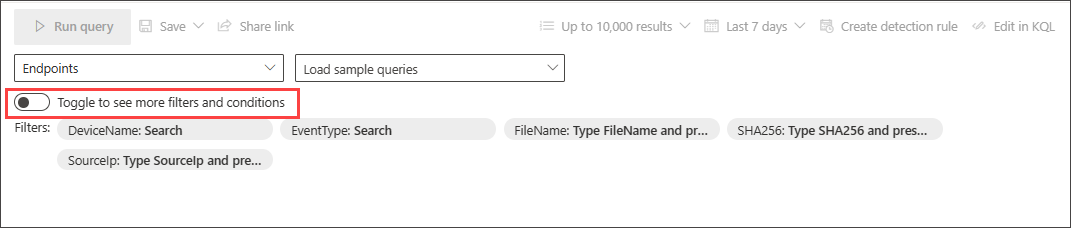 Screenshot: Umschaltfläche für weitere Filter im Abfrage-Generator für den geführten Modus