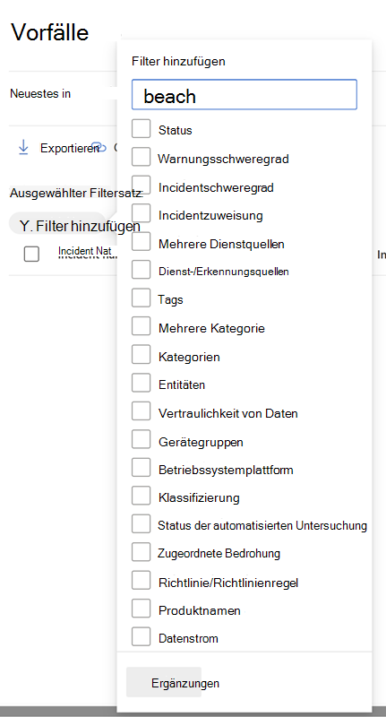 Der Bereich Filter für die Incidentwarteschlange im Microsoft Defender-Portal.