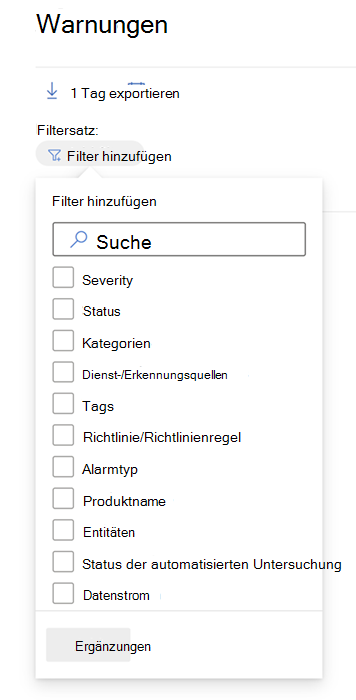 Alle Filter, die in der Warnungswarteschlange im Microsoft Defender-Portal verfügbar sind