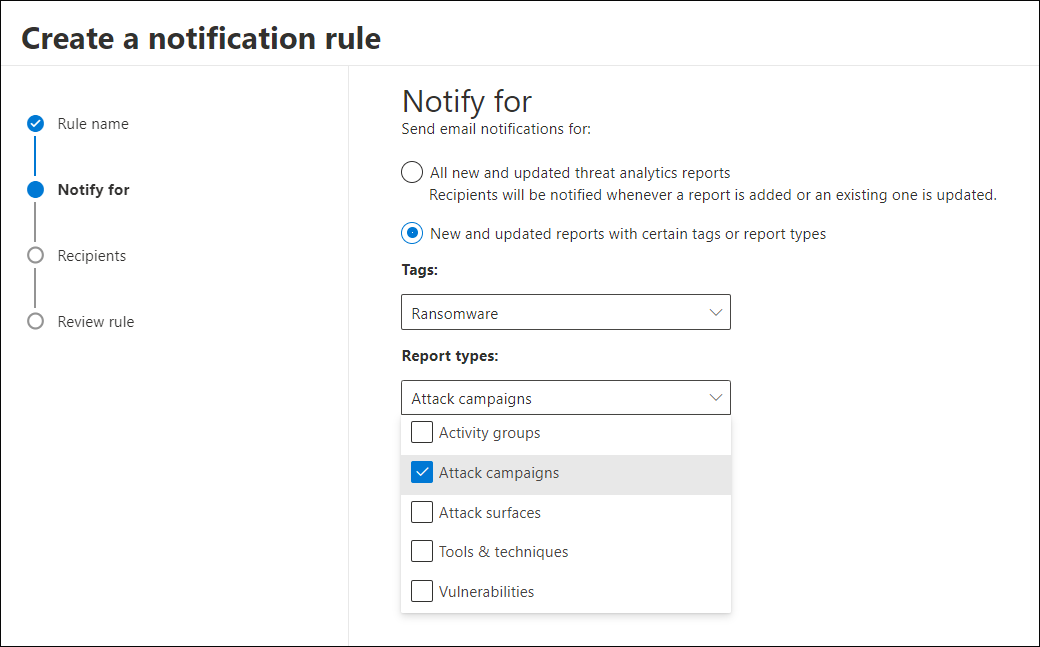 Screenshot des Benachrichtigungsbildschirms mit ausgewählten Ransomware-Tags und einem Dropdownmenü für geöffnete Typen