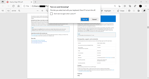 Menü „PDF-Reader“ für das Browsen im Caretmodus.