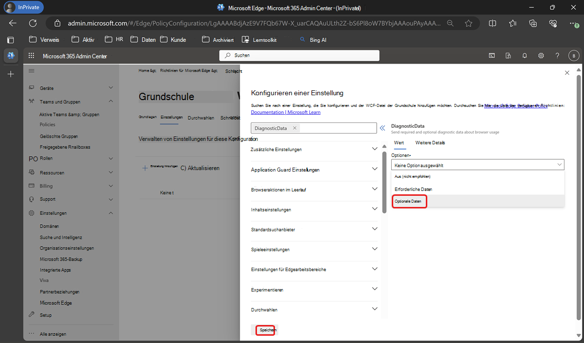 Suchen Sie nach DiagnosticData, und konfigurieren Sie optionale Daten als Erforderlich.