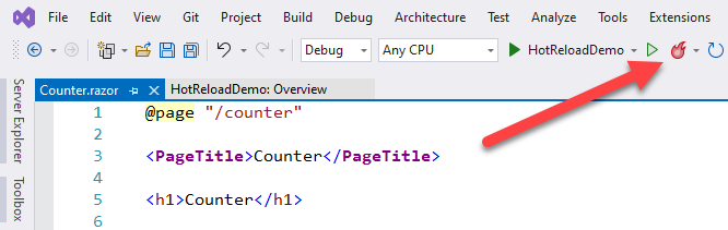 Visual Studio 2022: Hot Reload Menüelement und -symbol.