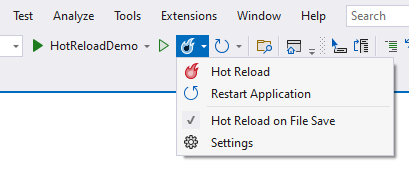 Visual Studio 2022: Hot Reload Menüelement mit erweiterten Optionen.