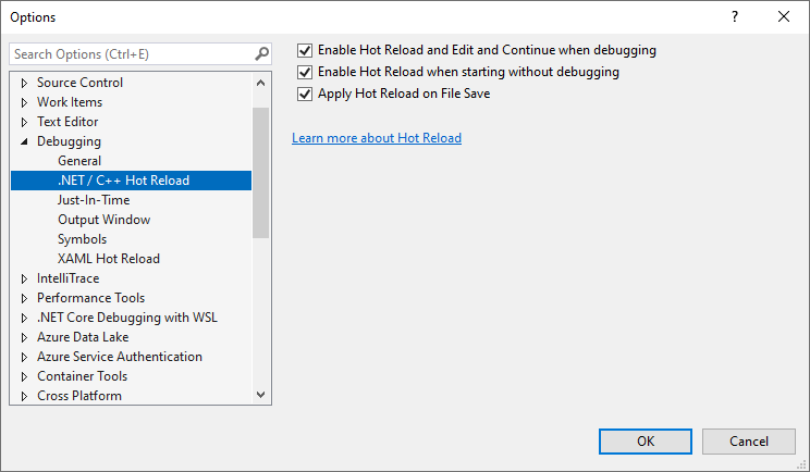 Visual Studio 2022: Hot Reload-Konfigurationsoptionen im Dialogfeld „Tools > Optionen > Debuggen > .NET/C++ Hot Reload“.