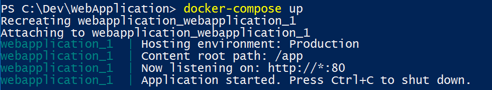 Bildschirmansicht bei der Ausführung des Befehls „docker-compose up“