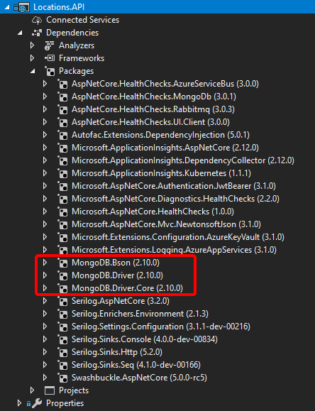 Screenshot der Abhängigkeiten in den MongoDB-NuGet-Paketen.