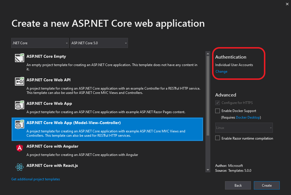 Screenshot des Dialogfelds „Neue ASP.NET Core-Webanwendung“