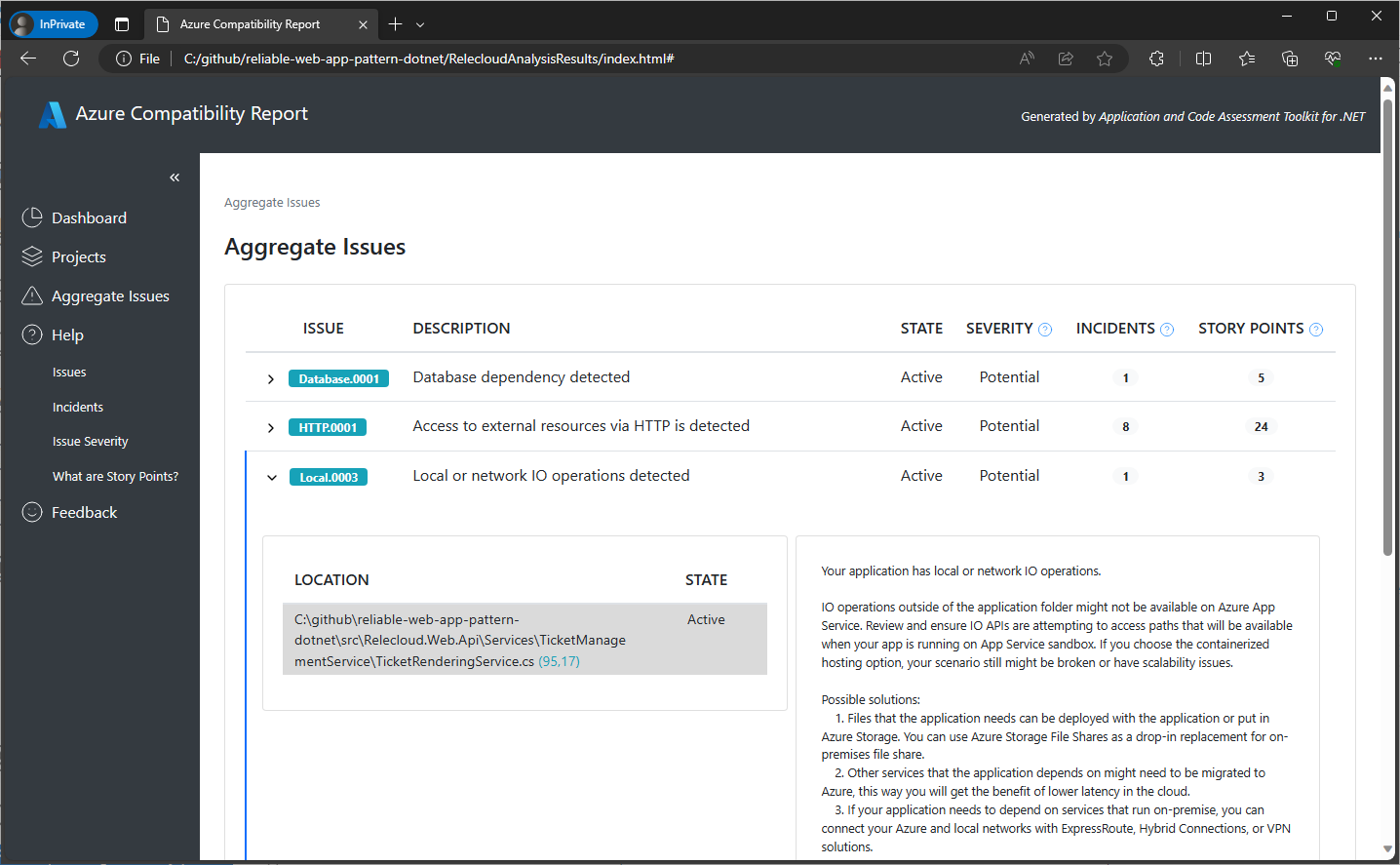 Screenshot des Berichtsaggregatdashboards der CLI