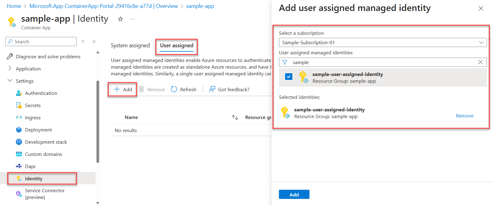 A screenshot showing how to associate a user-assigned managed identity with an app.