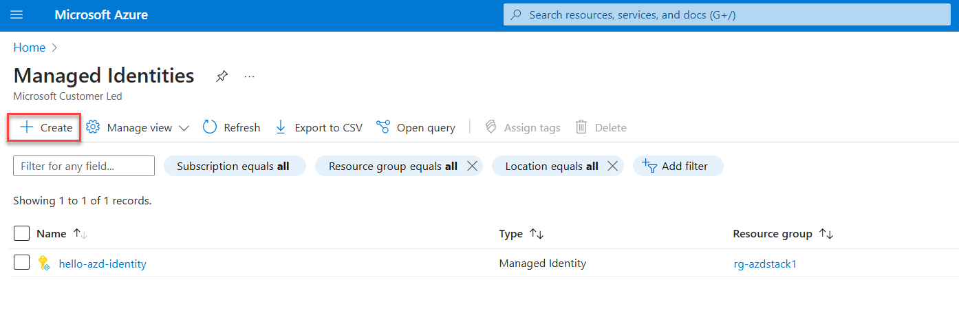 A screenshot showing the page to manage user-assigned managed identities.