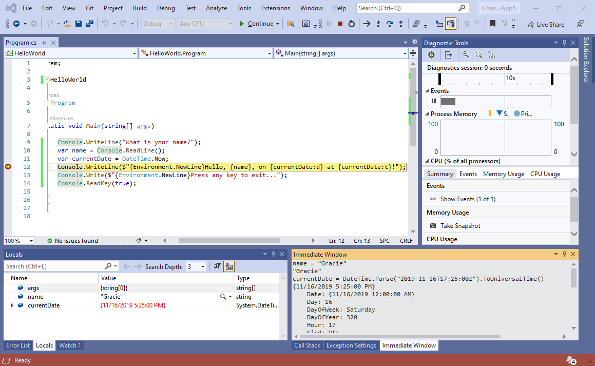 Fenster „Lokal“ und „Direkt“ in Visual Studio 2019