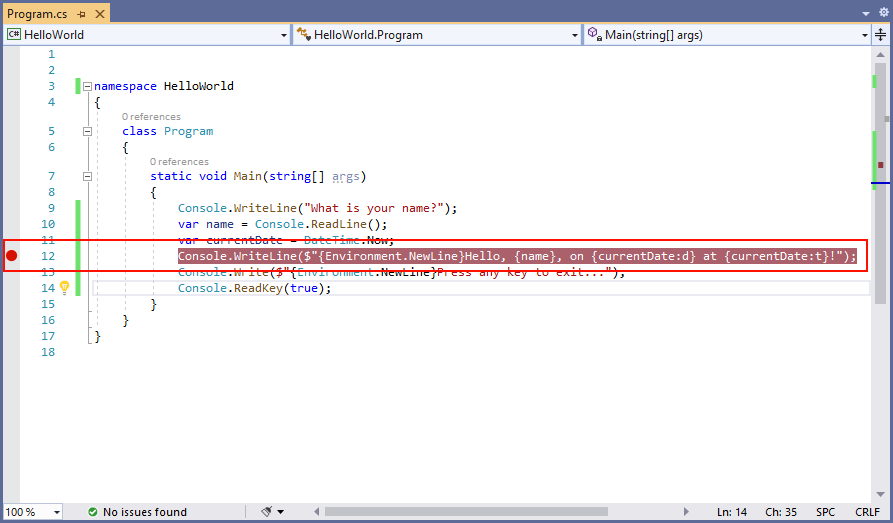 Visual Studio-Programmfenster mit festgelegtem Haltepunkt