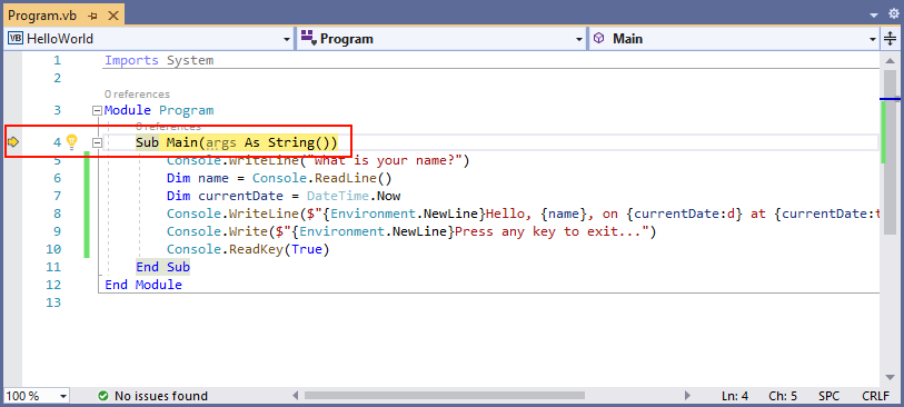 Visual Studio-Einzelschrittausführung in Methode – Visual Basic