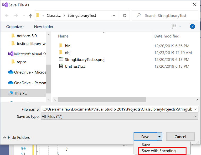 Visual Studio-Dialogfeld „Datei speichern unter“