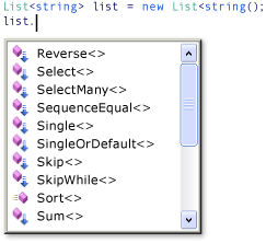 Screenshot aller Standardabfrageoperatoren in IntelliSense