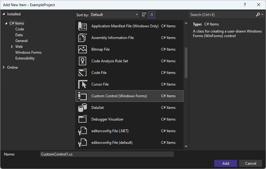 Dialogfeld „Hinzufügen“ in Visual Studio für Windows Forms