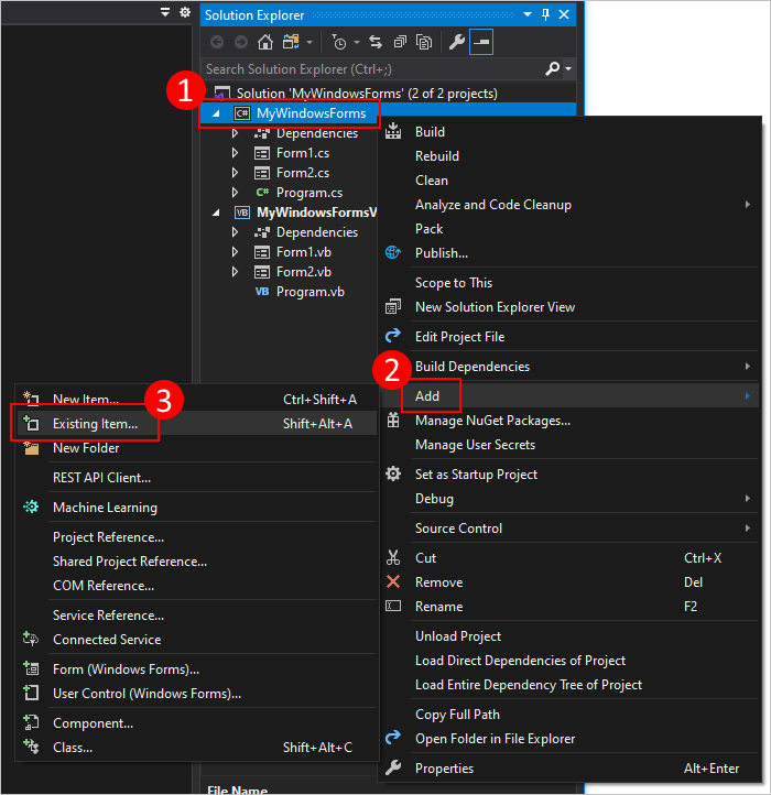 Klicken mit der rechten Maustaste auf den Projektmappen-Explorer zum Hinzufügen eines vorhandenen Formulars zum Windows Forms-Projekt