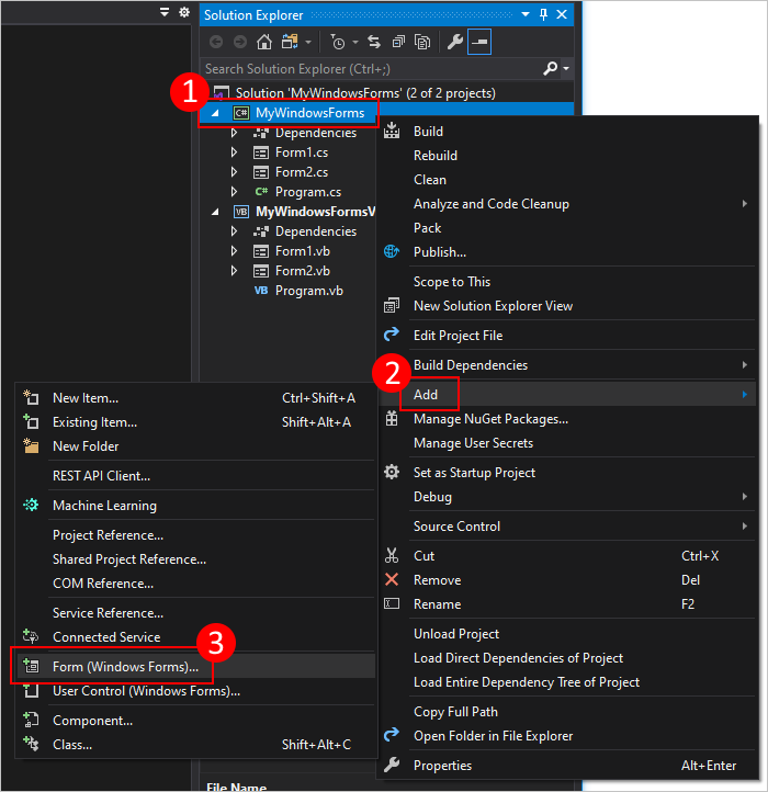 Rechtsklick auf den Projektmappen-Explorer, um dem Windows Forms-Projekt ein neues Formular hinzuzufügen