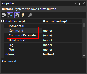 Das Eigenschaftsfenster von Visual Studio, in dem die Eigenschaften „Command“ und „CommandParameter“ einer Windows Forms-Schaltfläche hervorgehoben werden.