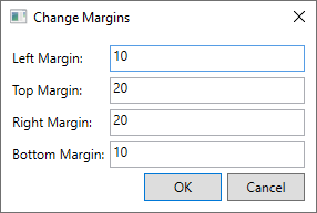 Dialogfeldfenster für WPF, das links, oben, rechts und unten Textfelder anzeigt