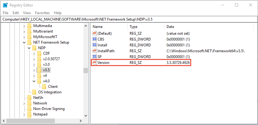 Der Registrierungseintrag für .NET Framework 3.5.