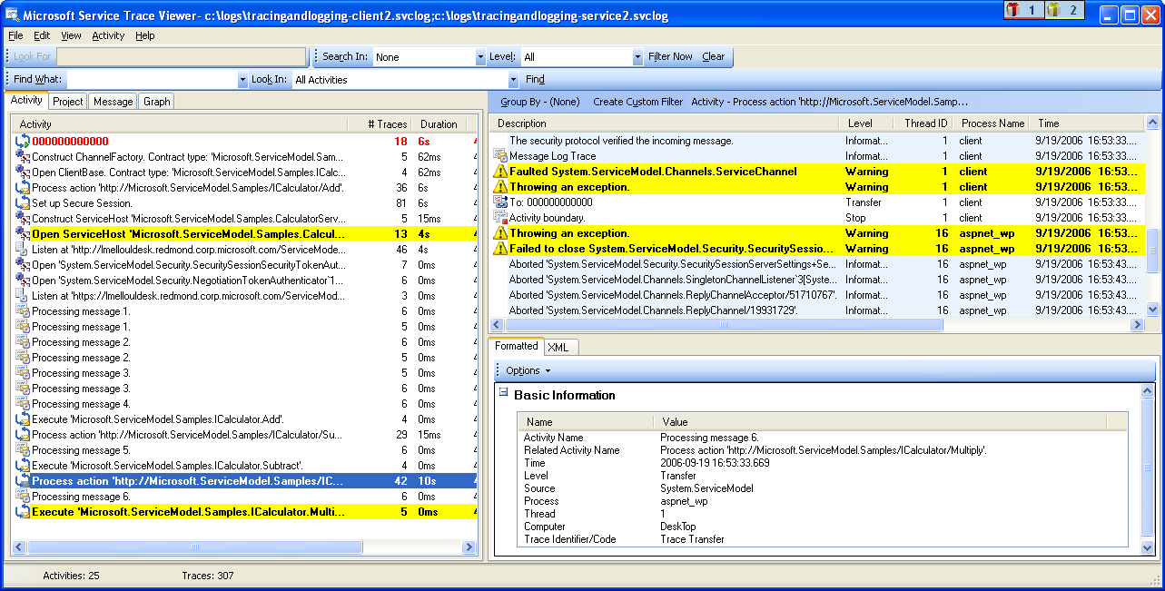 Screenshot of red or yellow activities for locating the root of a problem.