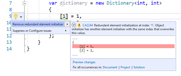 Codefix für CA2244 - Redundanten Elementinitialisierer entfernen