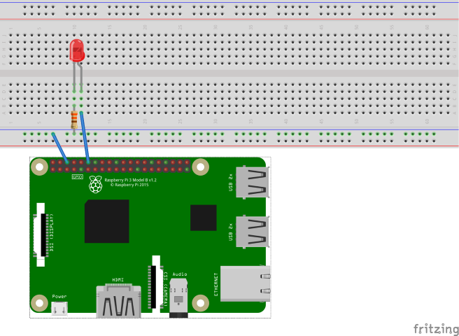 Ein Fritzing-Diagramm, das einen Schaltkreis mit einer LED und einem Widerstand zeigt