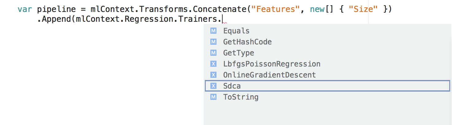 IntelliSense für Regressionstrainer