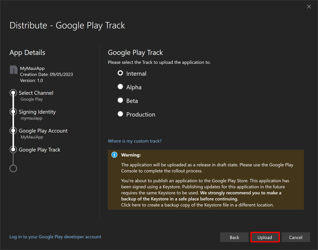 Screenshot der Auswahl eines Google Play Track vor dem Hochladen Ihrer App.