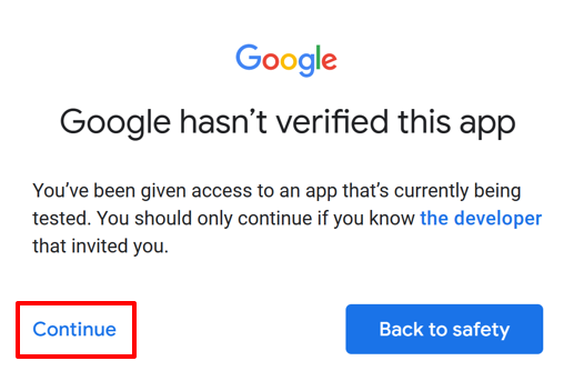 Screenshot des Google-Anmeldebildschirms, der besagt, dass die App nicht verifiziert wurde.