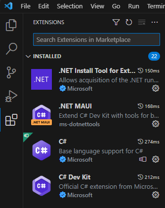 Screenshot des Visual Studio Code-Erweiterungsbereichs, der die .NET MAUI-Erweiterung zeigt