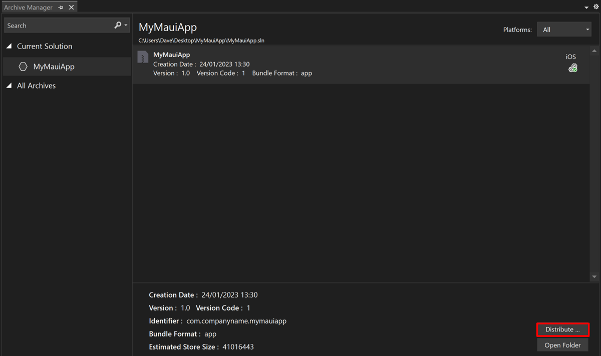 Screenshot des Archiv-Managers in Visual Studio, nachdem die Archivierung abgeschlossen ist.