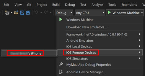 Wählen Sie Ihr Remotegerät in Visual Studio aus.