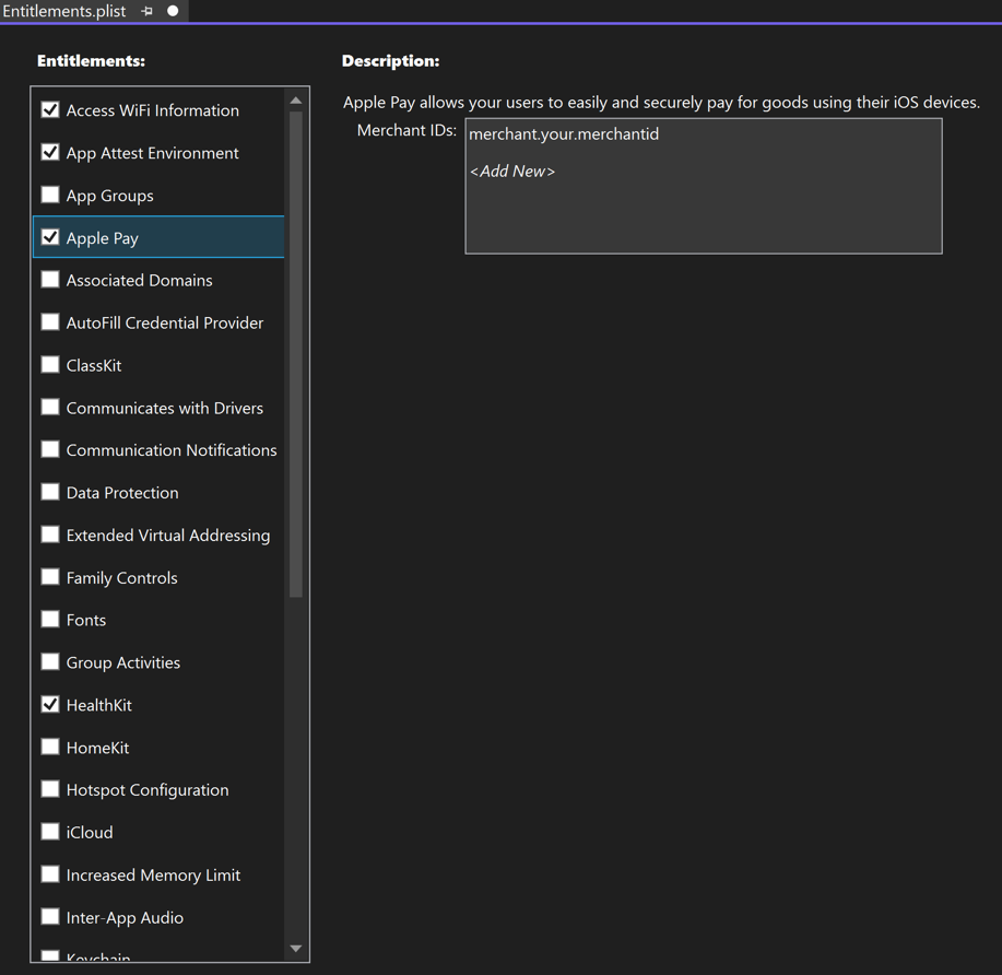 Visual Studio iOS-Berechtigungs-Editor