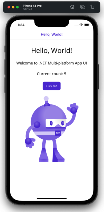 .NET MAUI-App, die im iPhone 13 Pro-Simulator ausgeführt wird.