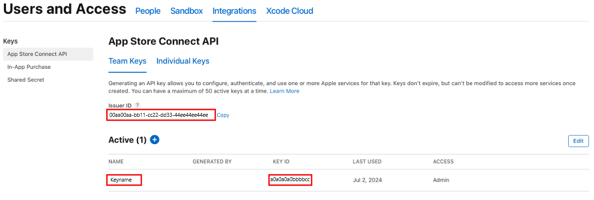 Screenshot der Details der Apple App Store Connect-API.