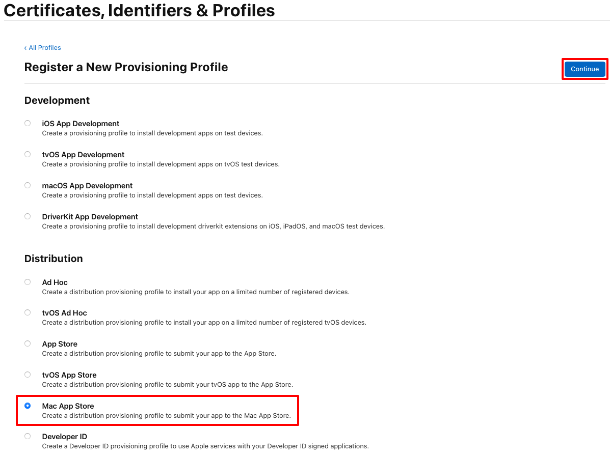 Registrieren Sie ein Bereitstellungsprofil für die App Store-Verteilung.